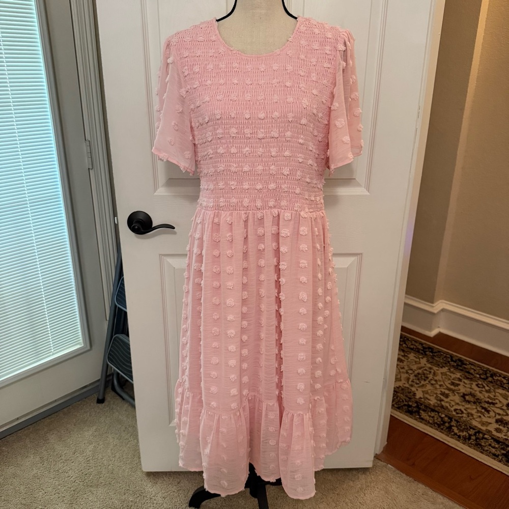 Kranda Pink Tiered Pleated Midi Dress with Flutter Sleeves Size XL